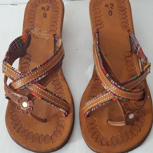 Tan Leather Beaded Embossed Sandals Mexico sz 9